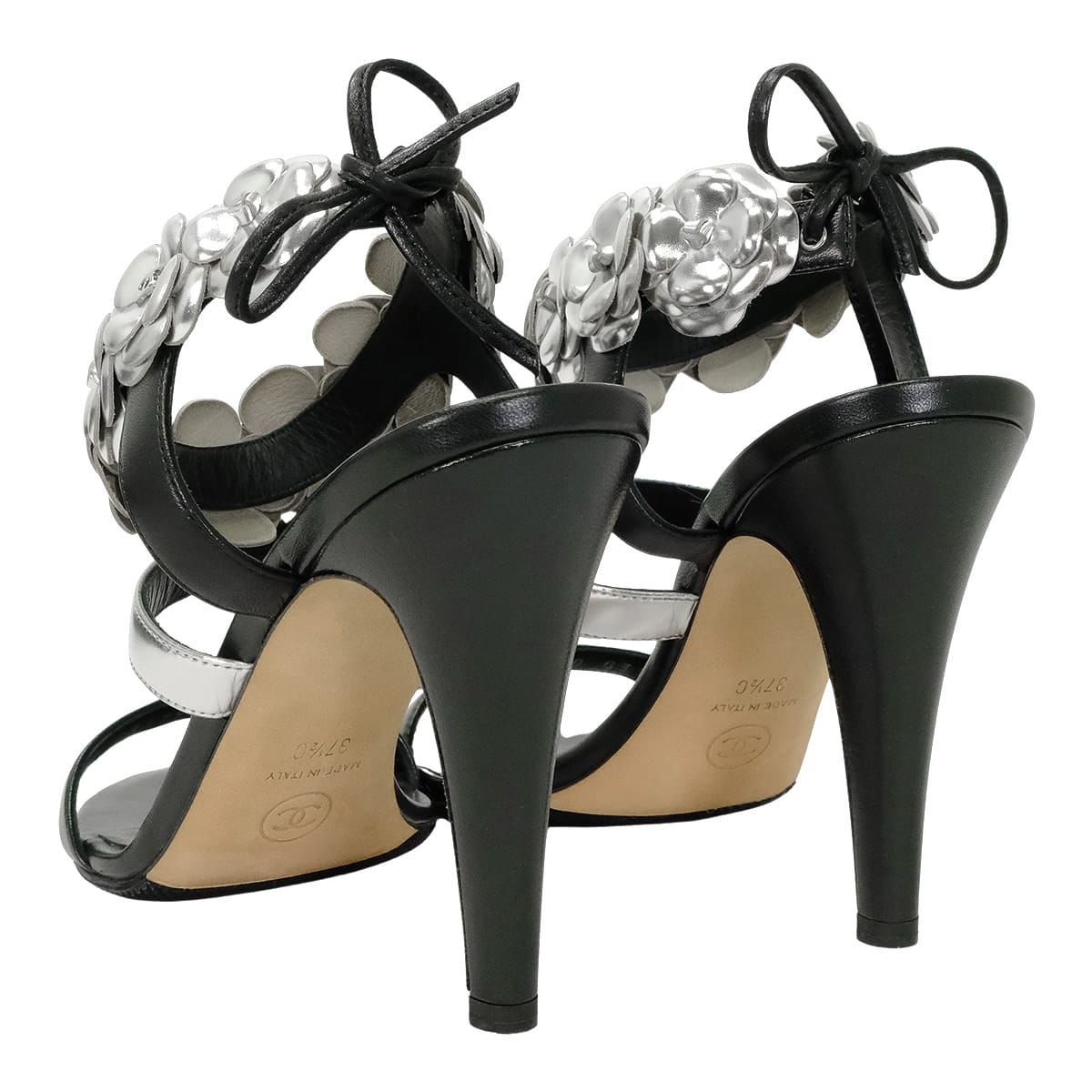 2016SS CHANEL sandals Open-toe Camellia Heels Noir (Black)/Silver Lambskin /Patent calfskin #37.5 G31796[EXCELLENT][Authentic]