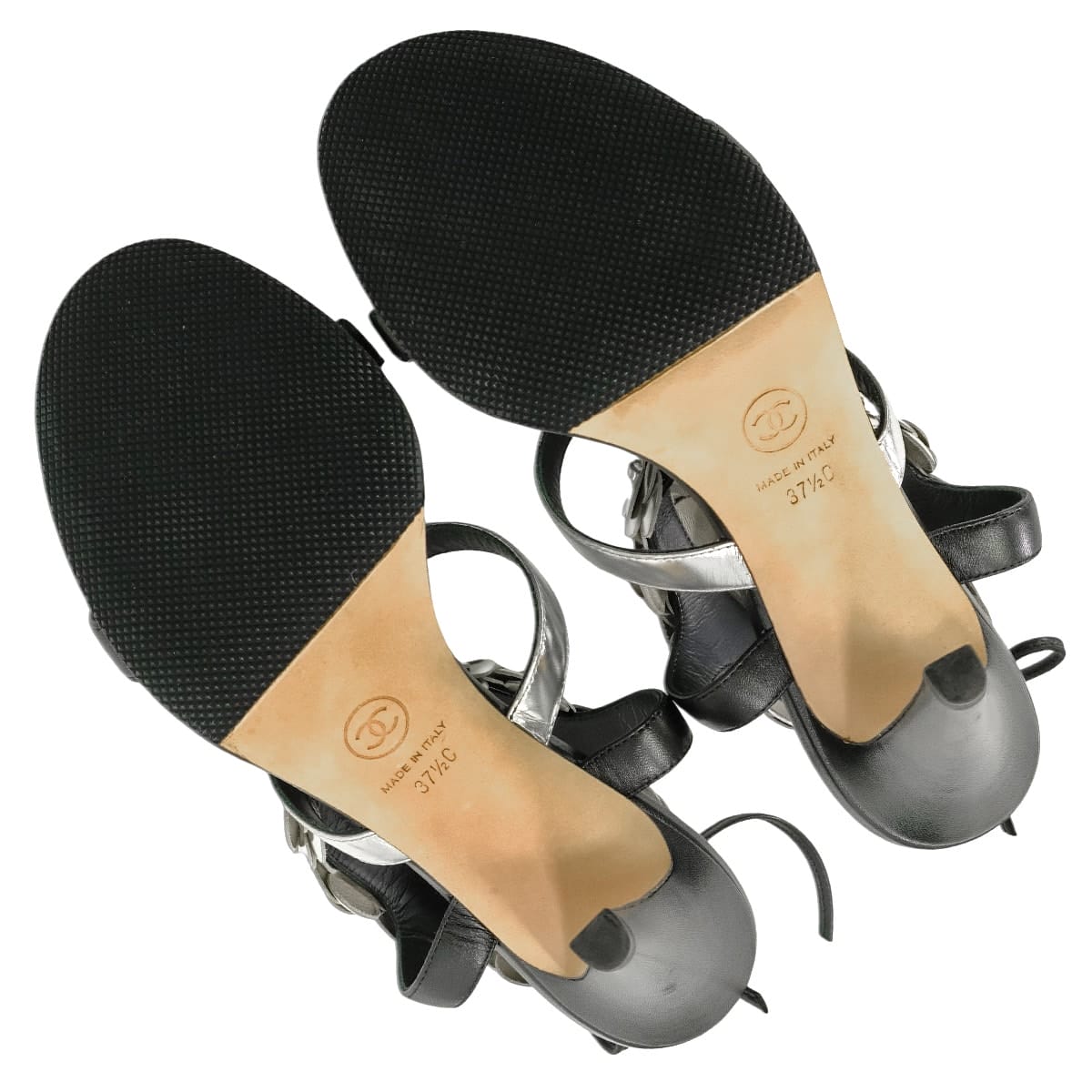2016SS CHANEL sandals Open-toe Camellia Heels Noir (Black)/Silver Lambskin /Patent calfskin #37.5 G31796[EXCELLENT][Authentic]