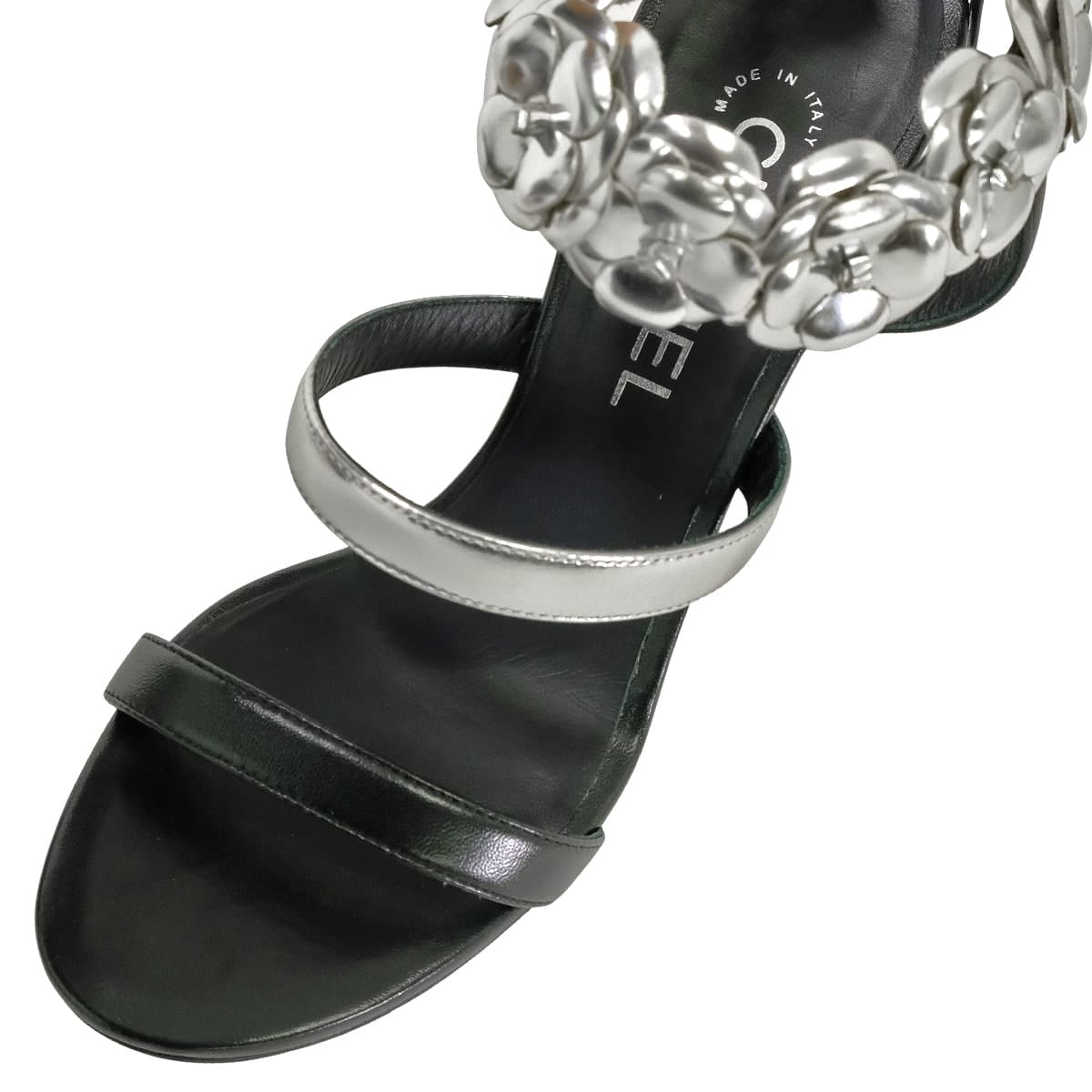 2016SS CHANEL sandals Open-toe Camellia Heels Noir (Black)/Silver Lambskin /Patent calfskin #37.5 G31796[EXCELLENT][Authentic]