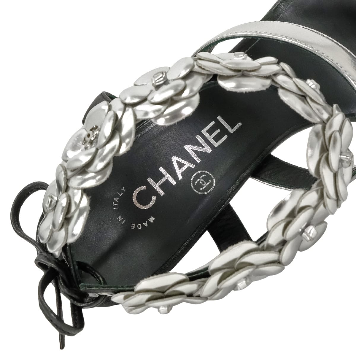 2016SS CHANEL sandals Open-toe Camellia Heels Noir (Black)/Silver Lambskin /Patent calfskin #37.5 G31796[EXCELLENT][Authentic]