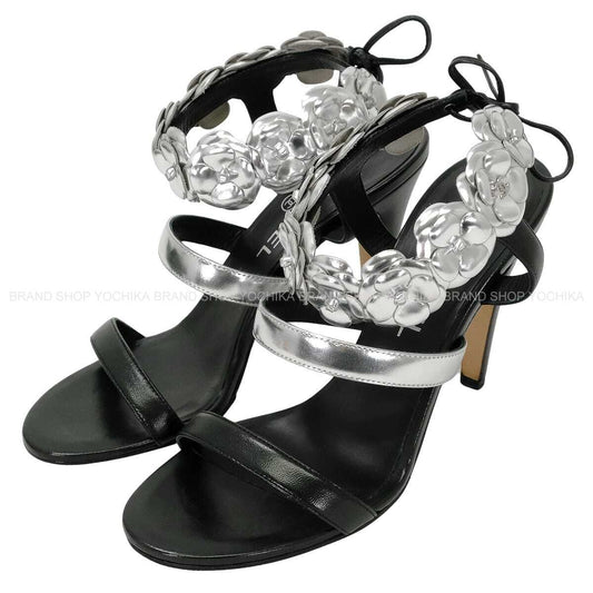 2016SS CHANEL sandals Open-toe Camellia Heels Noir (Black)/Silver Lambskin /Patent calfskin #37.5 G31796[EXCELLENT][Authentic]