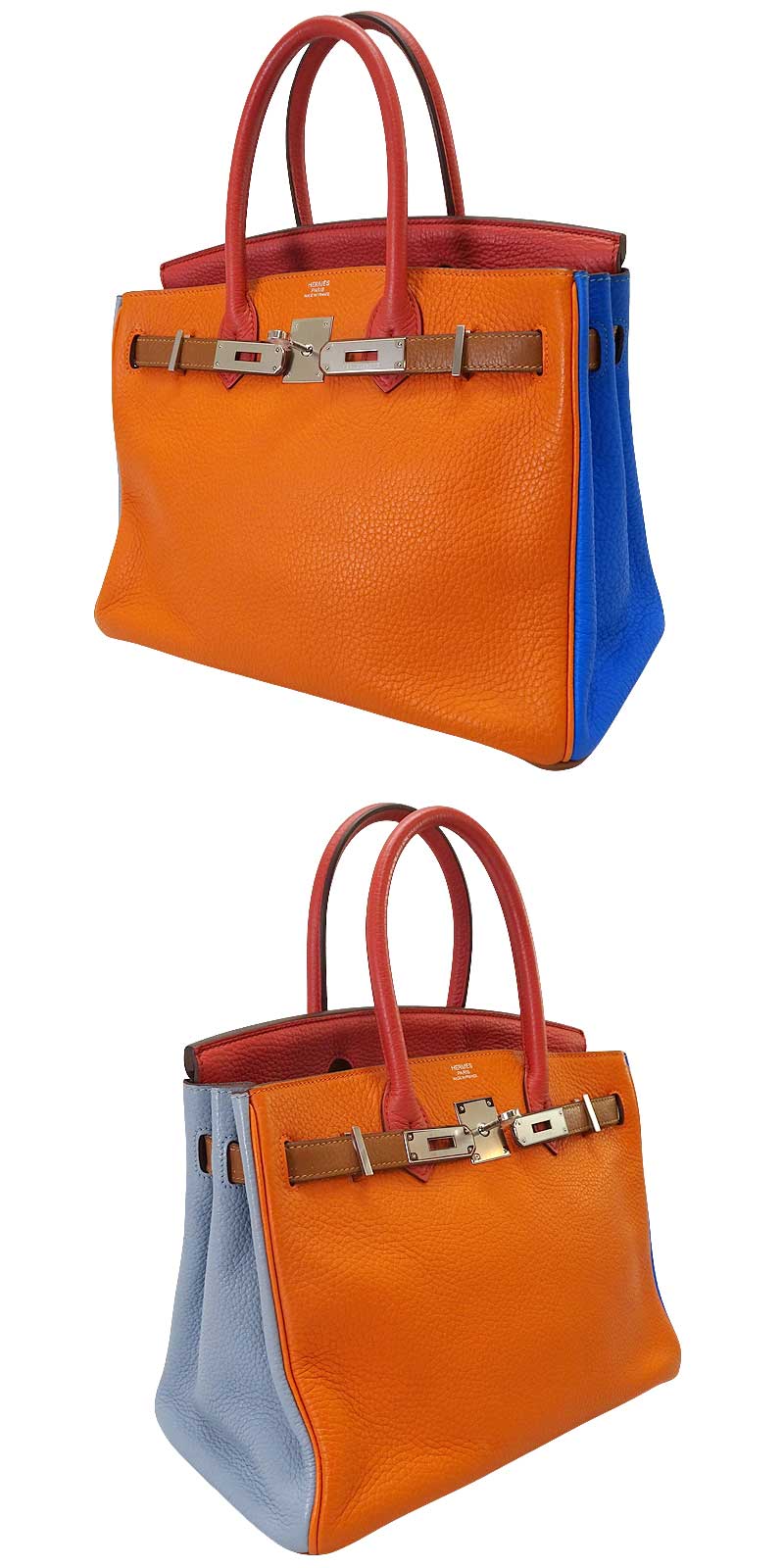 [Pre-loved] 2012AW HERMES Handbag Birkin30 Arlequin Orange/Etain/Sanguine//Bleu Hydra/Bleu Lin/Gold Taurillon Leather Silver HW Stamp □Q[USED SA][Authentic]