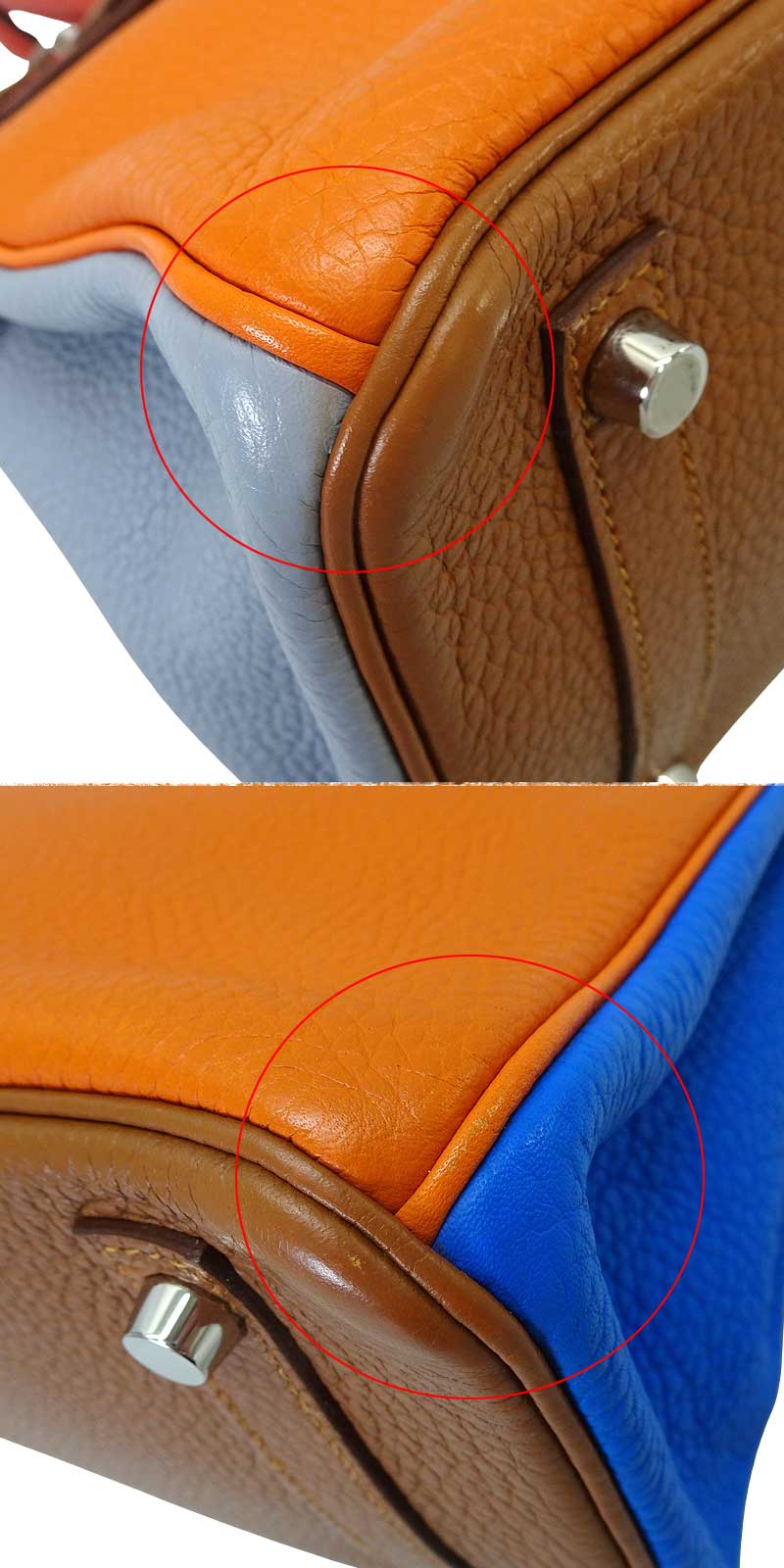 [Pre-loved] 2012AW HERMES Handbag Birkin30 Arlequin Orange/Etain/Sanguine//Bleu Hydra/Bleu Lin/Gold Taurillon Leather Silver HW Stamp □Q[USED SA][Authentic]