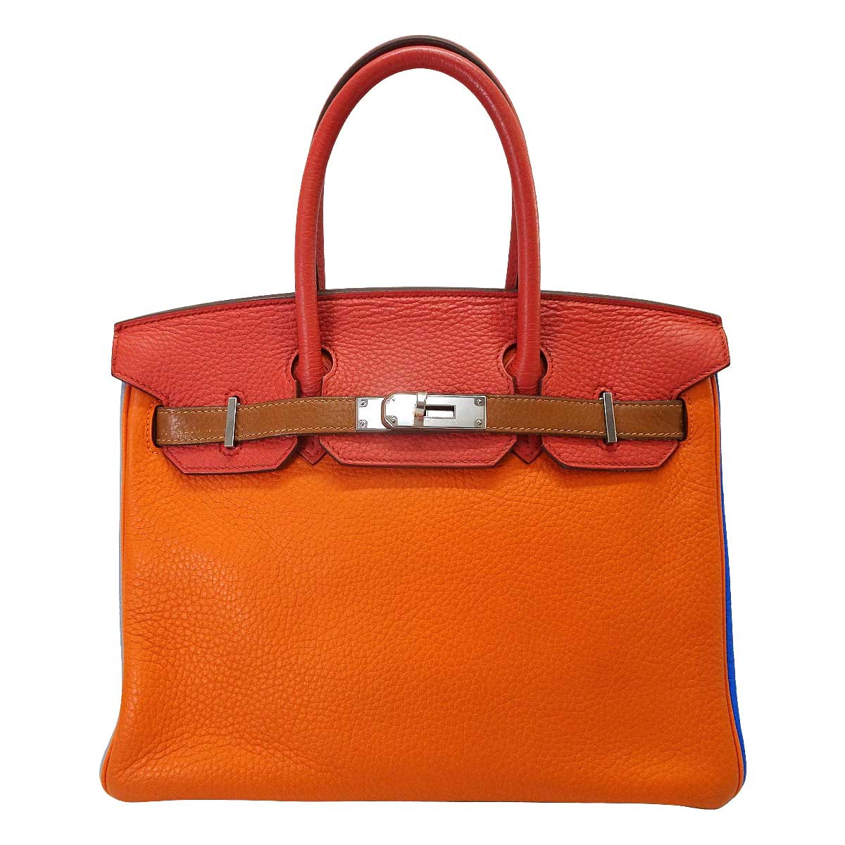 [Pre-loved] 2012AW HERMES Handbag Birkin30 Arlequin Orange/Etain/Sanguine//Bleu Hydra/Bleu Lin/Gold Taurillon Leather Silver HW Stamp □Q[USED SA][Authentic]