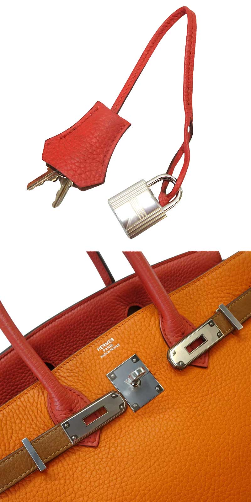 [Pre-loved] 2012AW HERMES Handbag Birkin30 Arlequin Orange/Etain/Sanguine//Bleu Hydra/Bleu Lin/Gold Taurillon Leather Silver HW Stamp □Q[USED SA][Authentic]