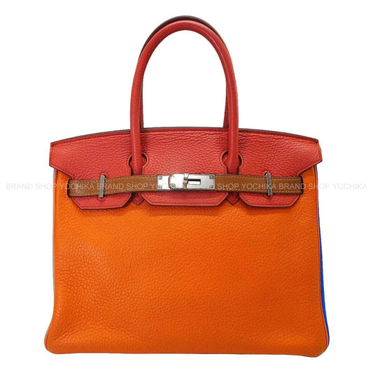[Pre-loved] 2012AW HERMES Handbag Birkin30 Arlequin Orange/Etain/Sanguine//Bleu Hydra/Bleu Lin/Gold Taurillon Leather Silver HW Stamp □Q[USED SA][Authentic]
