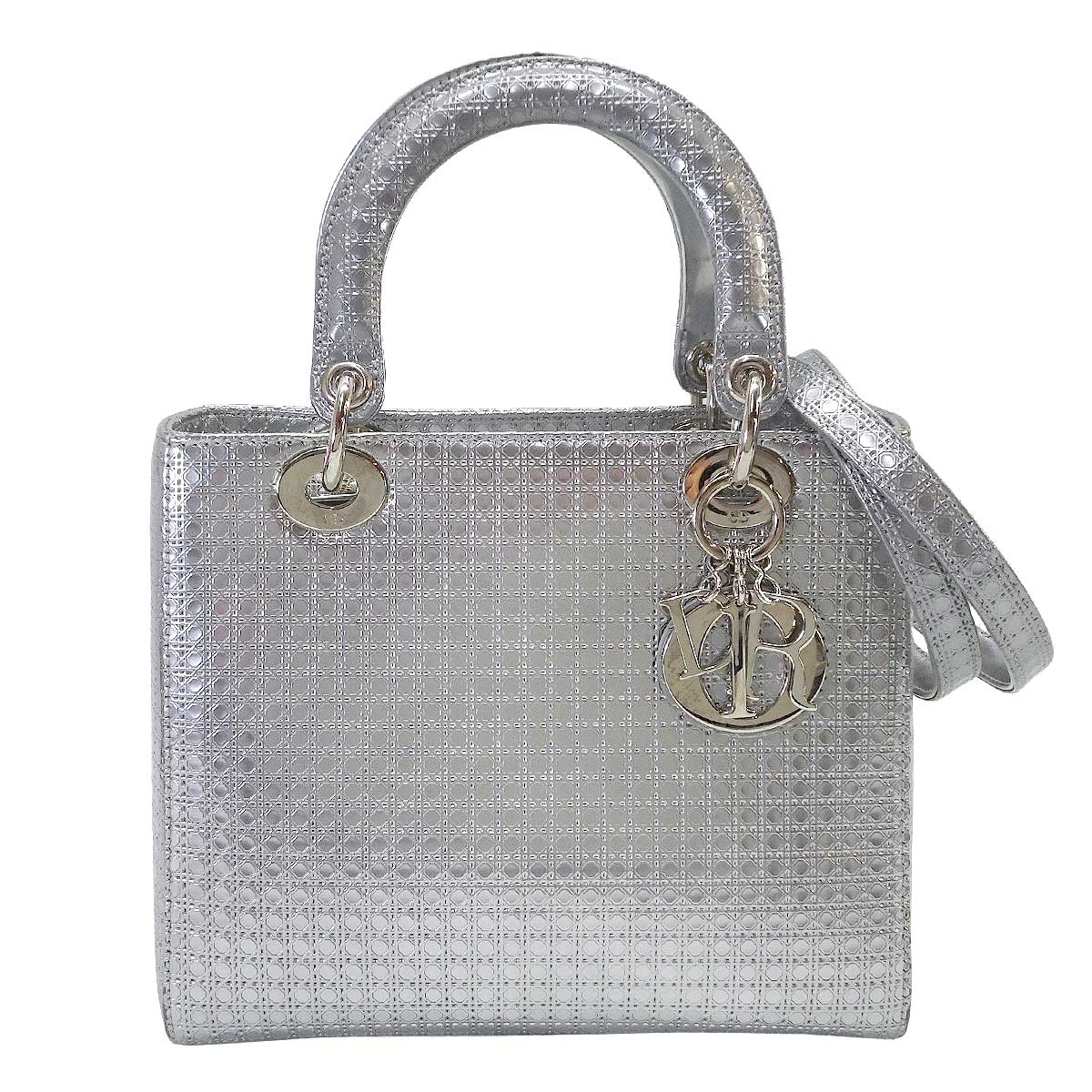 [Pre-loved] Dior Shoulder bag Lady Dior Micro Cannage Medium Hand 2wayMetallic Silver Patent Enamel Leather Silver HW[USED SA][Authentic]