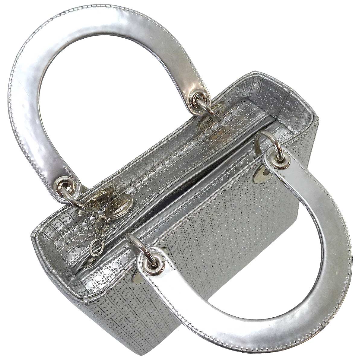 [Pre-loved] Dior Shoulder bag Lady Dior Micro Cannage Medium Hand 2wayMetallic Silver Patent Enamel Leather Silver HW[USED SA][Authentic]