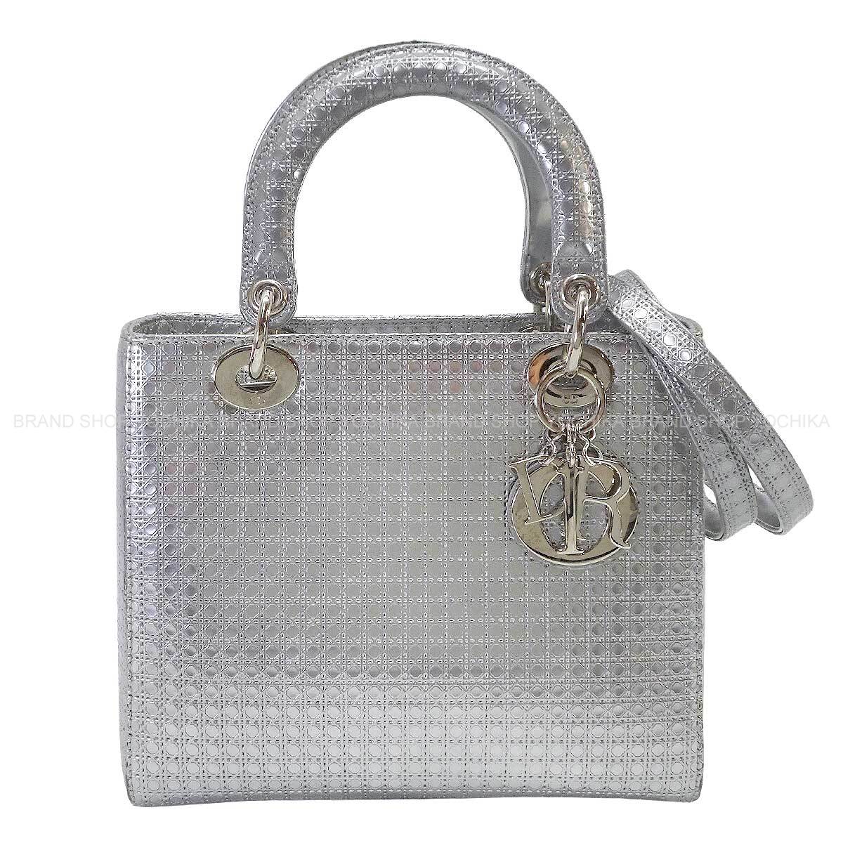 [Pre-loved] Dior Shoulder bag Lady Dior Micro Cannage Medium Hand 2wayMetallic Silver Patent Enamel Leather Silver HW[USED SA][Authentic]