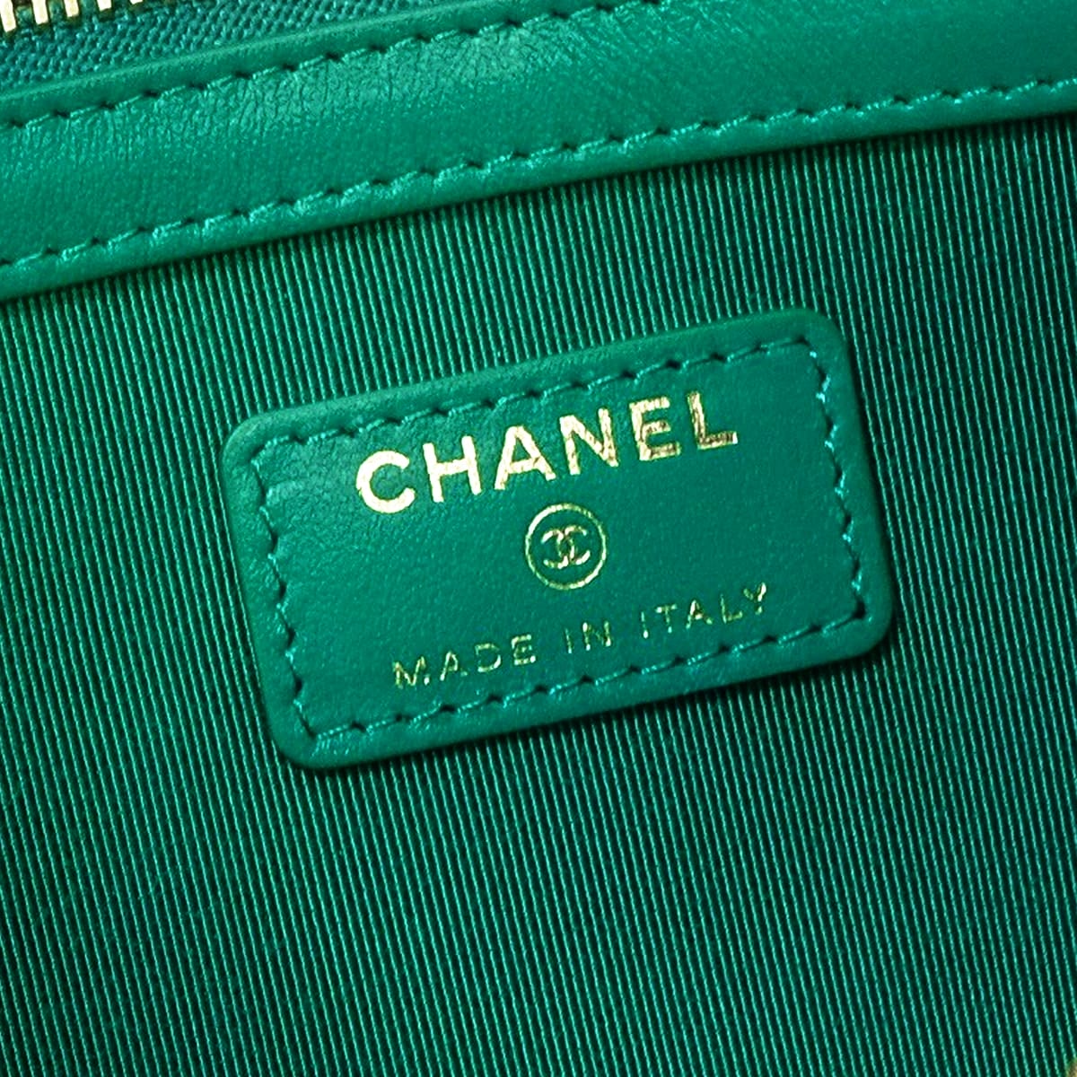 CHANEL Clutch bag Matelasse Coco Mark Flat ポーチ Navy/Green Cotton Gold HW A82545[EXCELLENT][Authentic]