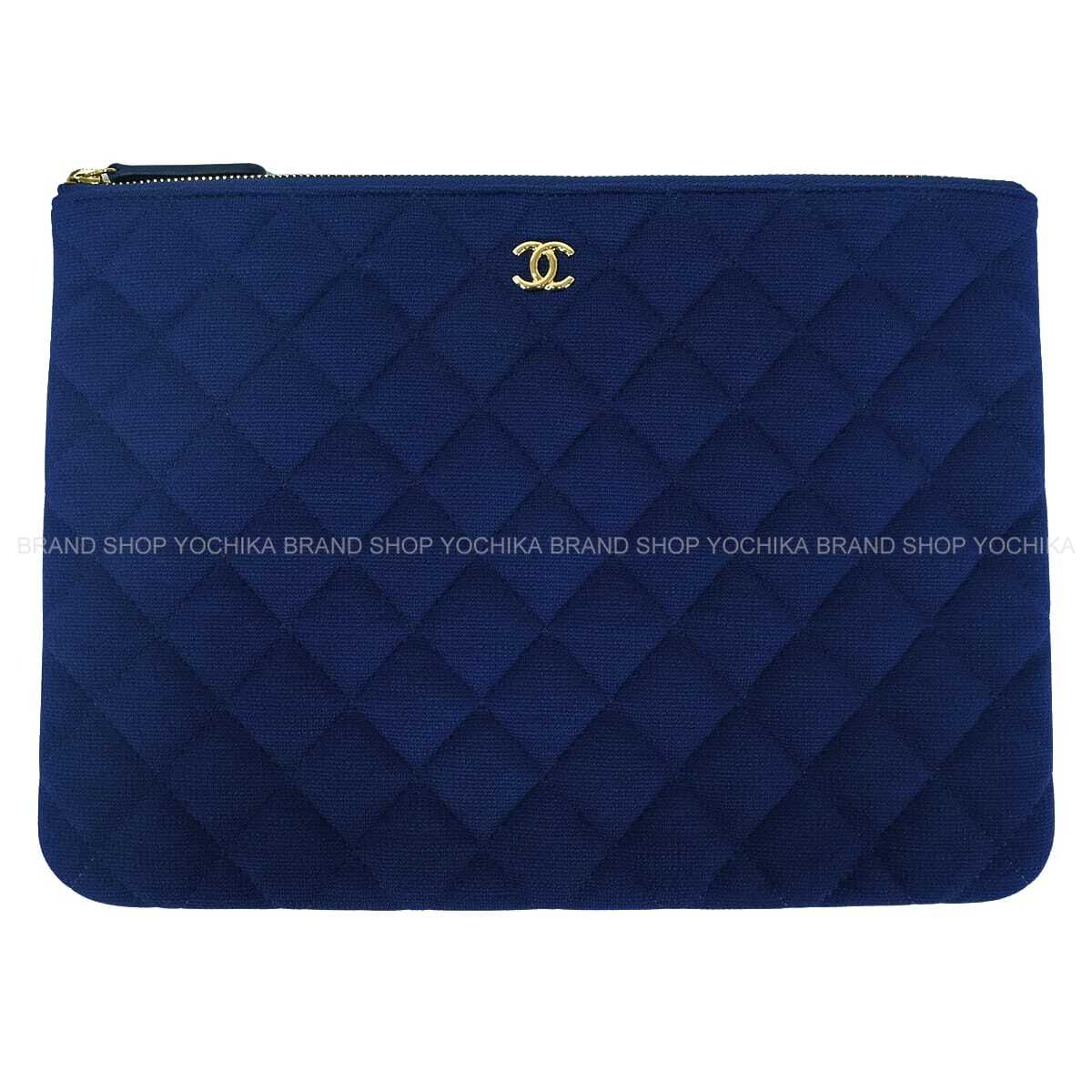 CHANEL Clutch bag Matelasse Coco Mark Flat ポーチ Navy/Green Cotton Gold HW A82545[EXCELLENT][Authentic]