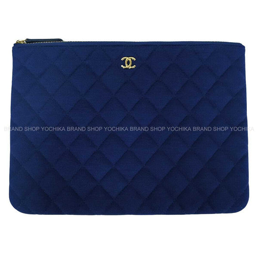 CHANEL Clutch bag Matelasse Coco Mark Flat ポーチ Navy/Green Cotton Gold HW A82545[EXCELLENT][Authentic]