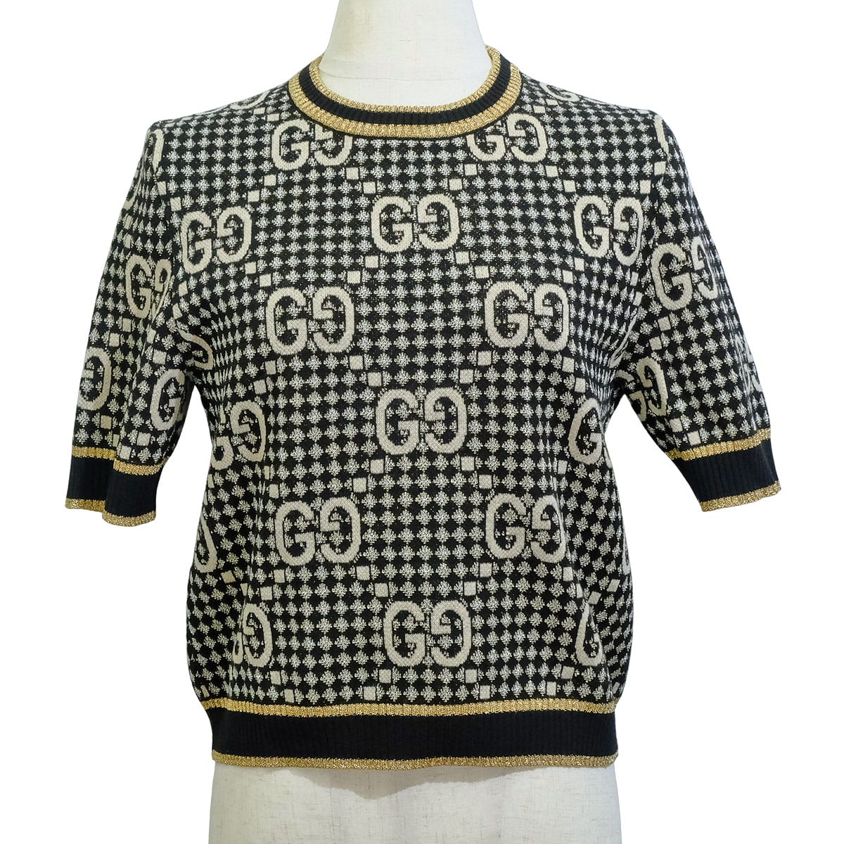 [Pre-loved] 2023AW GUCCI Knit Wool Jacquard Top Knit GG boucle Noir (Black)/Gold/Silver Wool/Reyon/metallic fiber/Cotton #XS 743322 XKC8Y[LIKE NEW][Authentic]