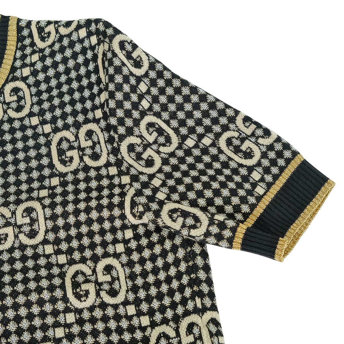 [Pre-loved] 2023AW GUCCI Knit Wool Jacquard Top Knit GG boucle Noir (Black)/Gold/Silver Wool/Reyon/metallic fiber/Cotton #XS 743322 XKC8Y[LIKE NEW][Authentic]