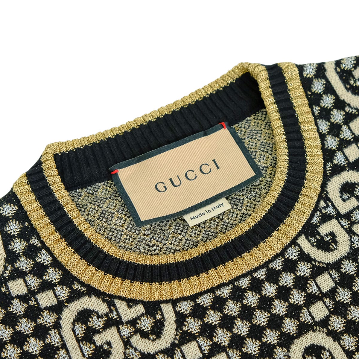 [Pre-loved] 2023AW GUCCI Knit Wool Jacquard Top Knit GG boucle Noir (Black)/Gold/Silver Wool/Reyon/metallic fiber/Cotton #XS 743322 XKC8Y[LIKE NEW][Authentic]