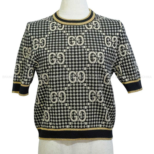 [Pre-loved] 2023AW GUCCI Knit Wool Jacquard Top Knit GG boucle Noir (Black)/Gold/Silver Wool/Reyon/metallic fiber/Cotton #XS 743322 XKC8Y[LIKE NEW][Authentic]