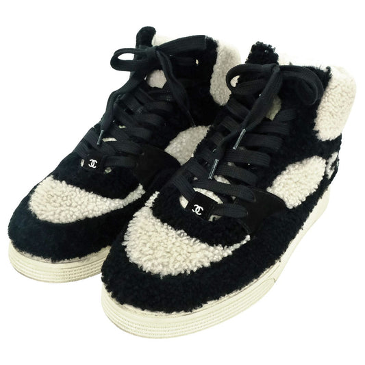 [Pre-loved] CHANEL sneakers High top Coco Mark Bicolor Mouton Boa Ivory/Noir (Black) Mouton/Leather #40 G35194[USED A][Authentic]