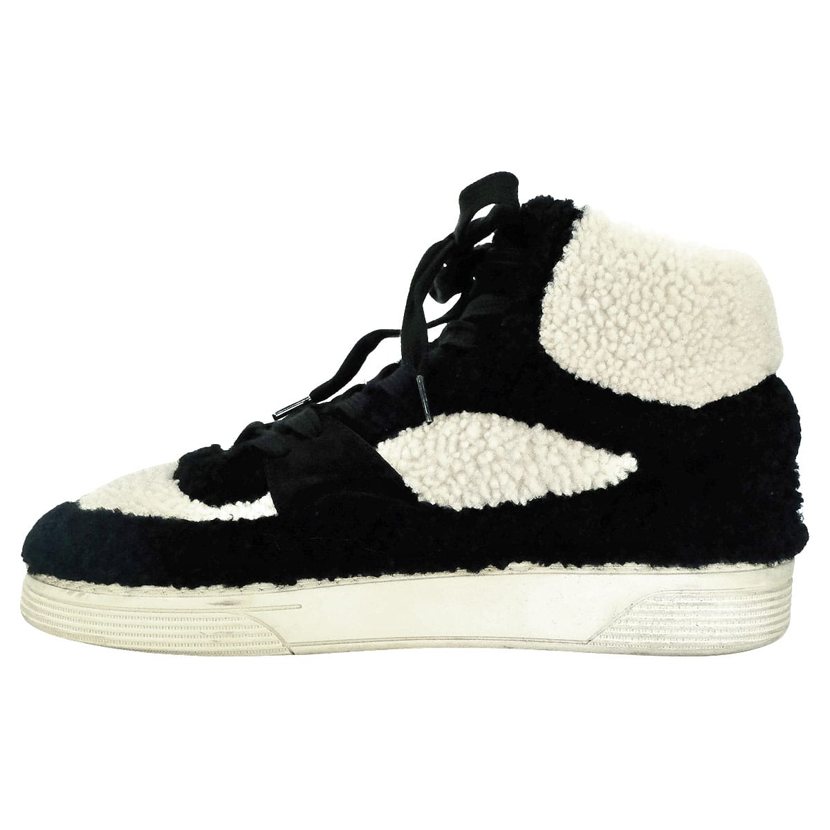 [Pre-loved] CHANEL sneakers High top Coco Mark Bicolor Mouton Boa Ivory/Noir (Black) Mouton/Leather #40 G35194[USED A][Authentic]