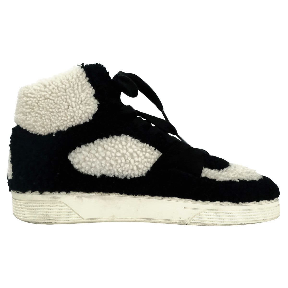 [Pre-loved] CHANEL sneakers High top Coco Mark Bicolor Mouton Boa Ivory/Noir (Black) Mouton/Leather #40 G35194[USED A][Authentic]