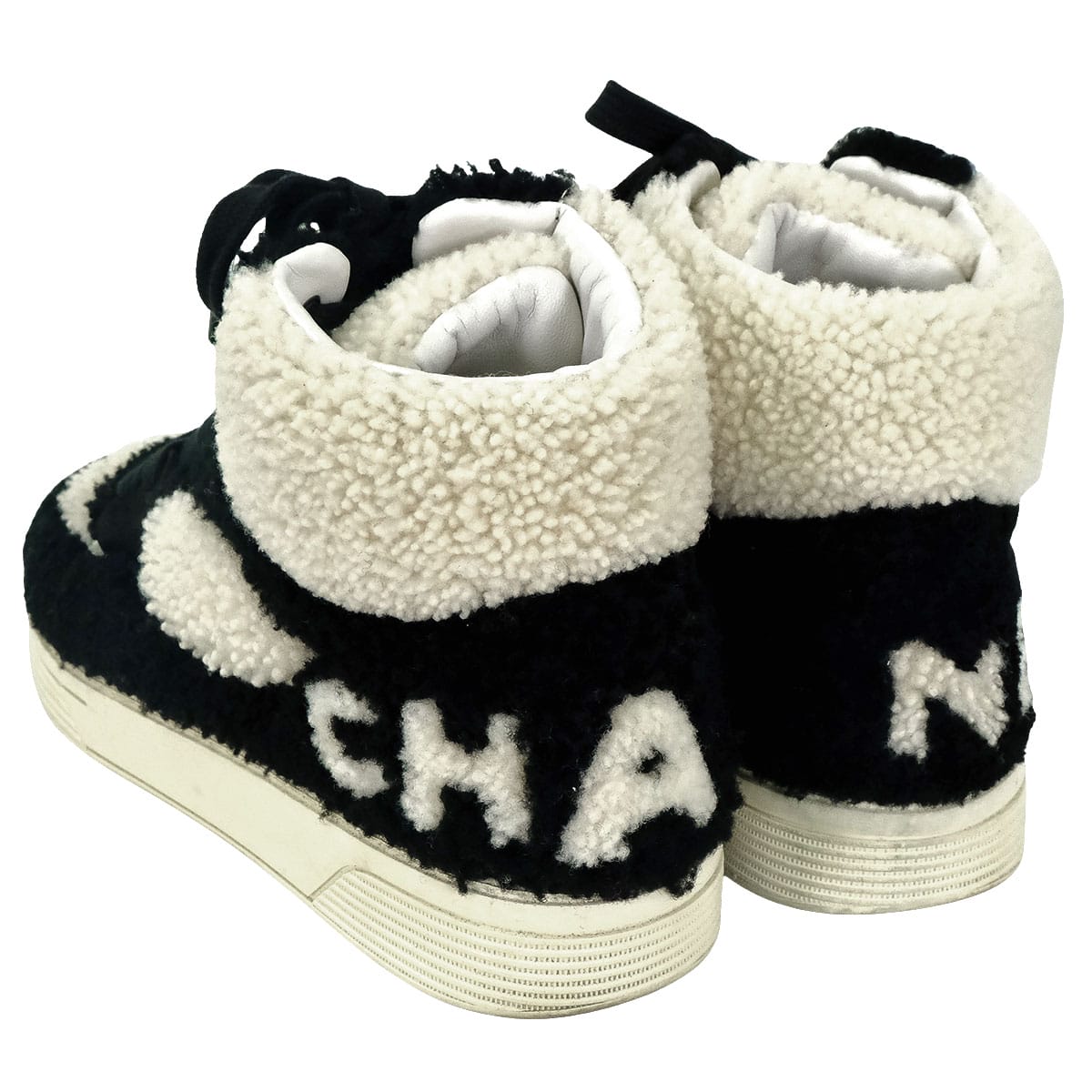 [Pre-loved] CHANEL sneakers High top Coco Mark Bicolor Mouton Boa Ivory/Noir (Black) Mouton/Leather #40 G35194[USED A][Authentic]