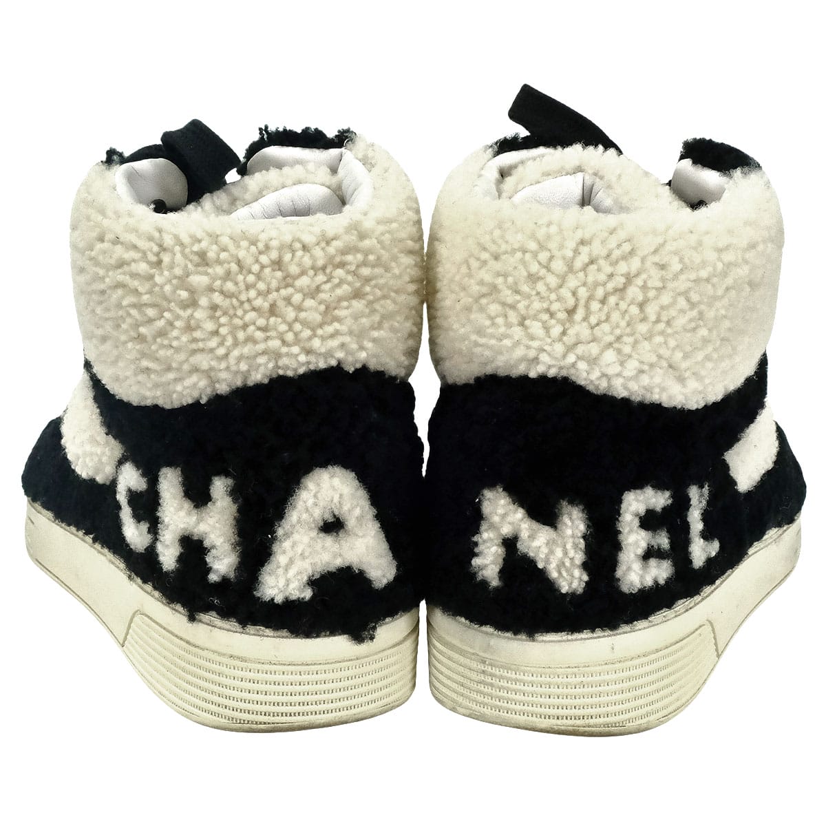 [Pre-loved] CHANEL sneakers High top Coco Mark Bicolor Mouton Boa Ivory/Noir (Black) Mouton/Leather #40 G35194[USED A][Authentic]