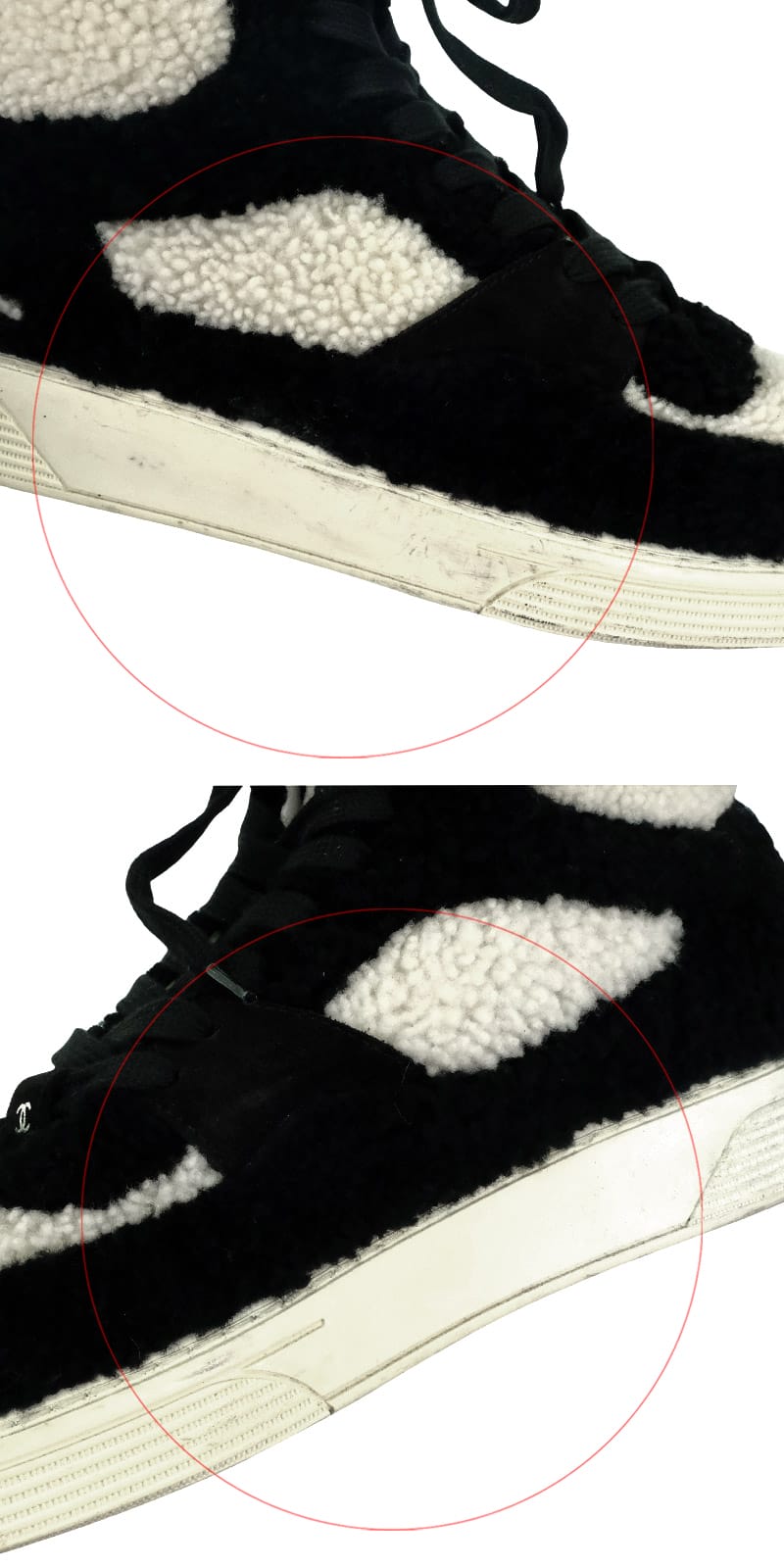 [Pre-loved] CHANEL sneakers High top Coco Mark Bicolor Mouton Boa Ivory/Noir (Black) Mouton/Leather #40 G35194[USED A][Authentic]