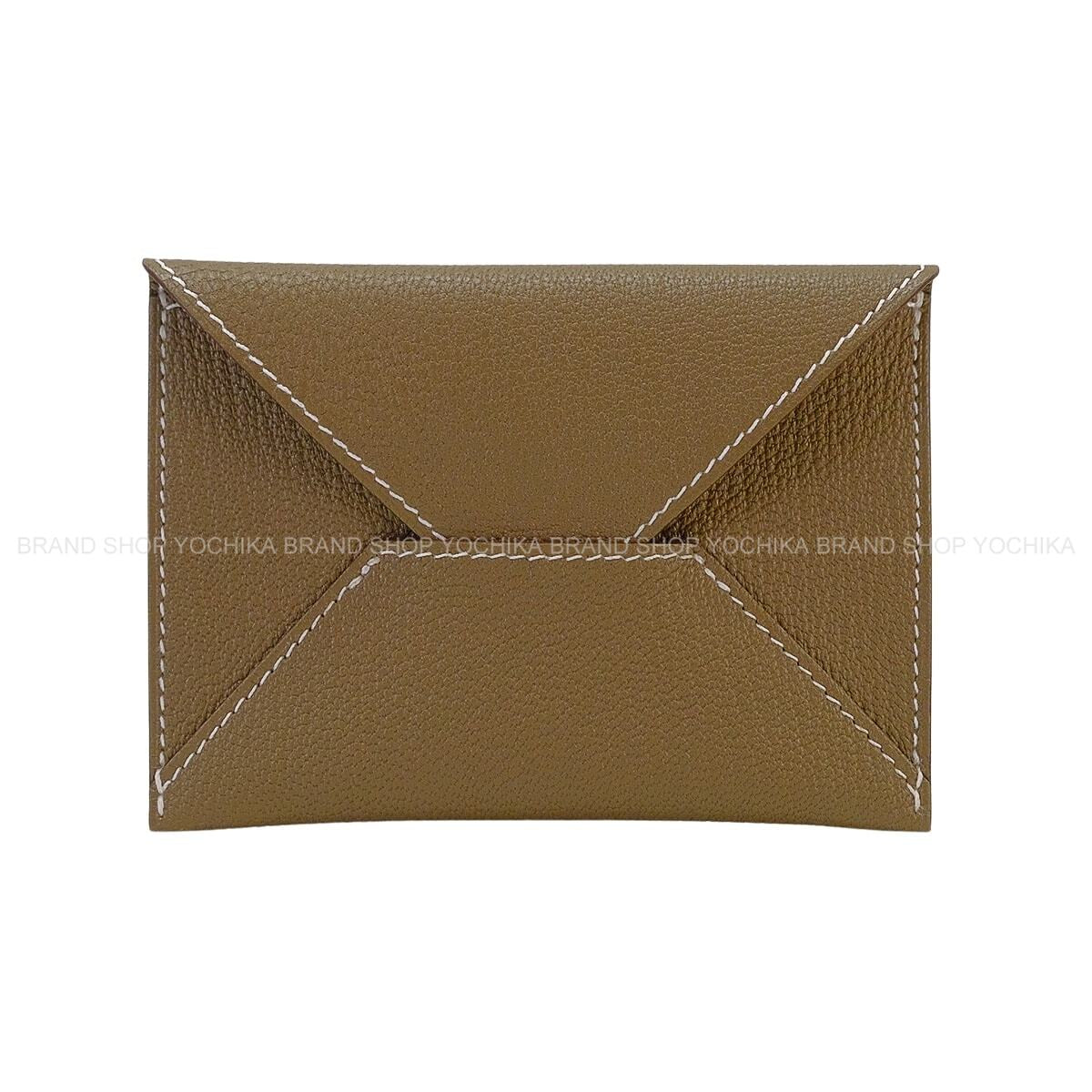 HERMES card holder Enveloppe MM Etoupe Chevre Mysore Stamp K H032790CA18[EXCELLENT][Authentic]