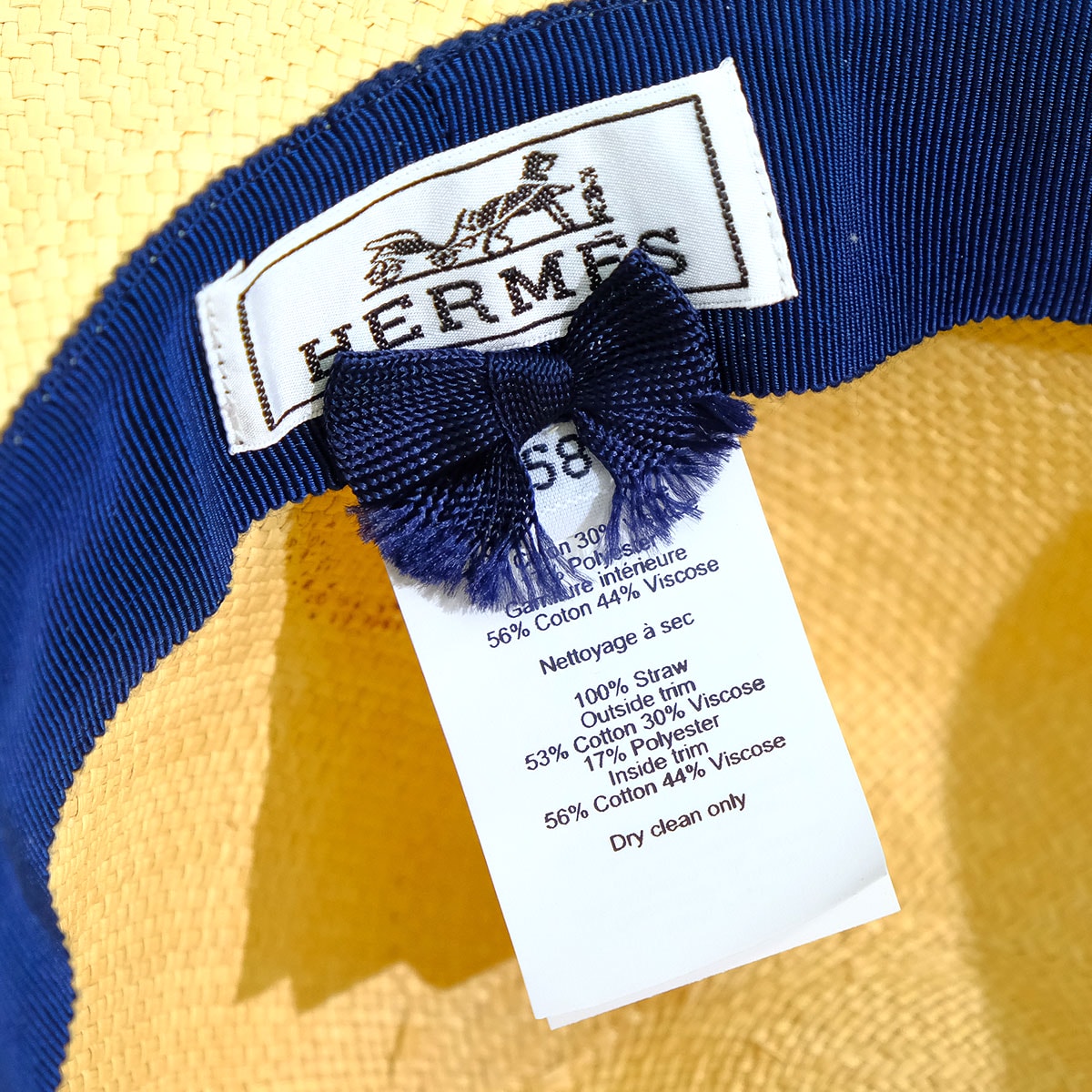 [Pre-loved] HERMES Straw Hat Trinidad Logo Embroidered Ribbon #58 Beige/Navy Straw/Cotton/Rayon/Polyester[LIKE NEW][Authentic]