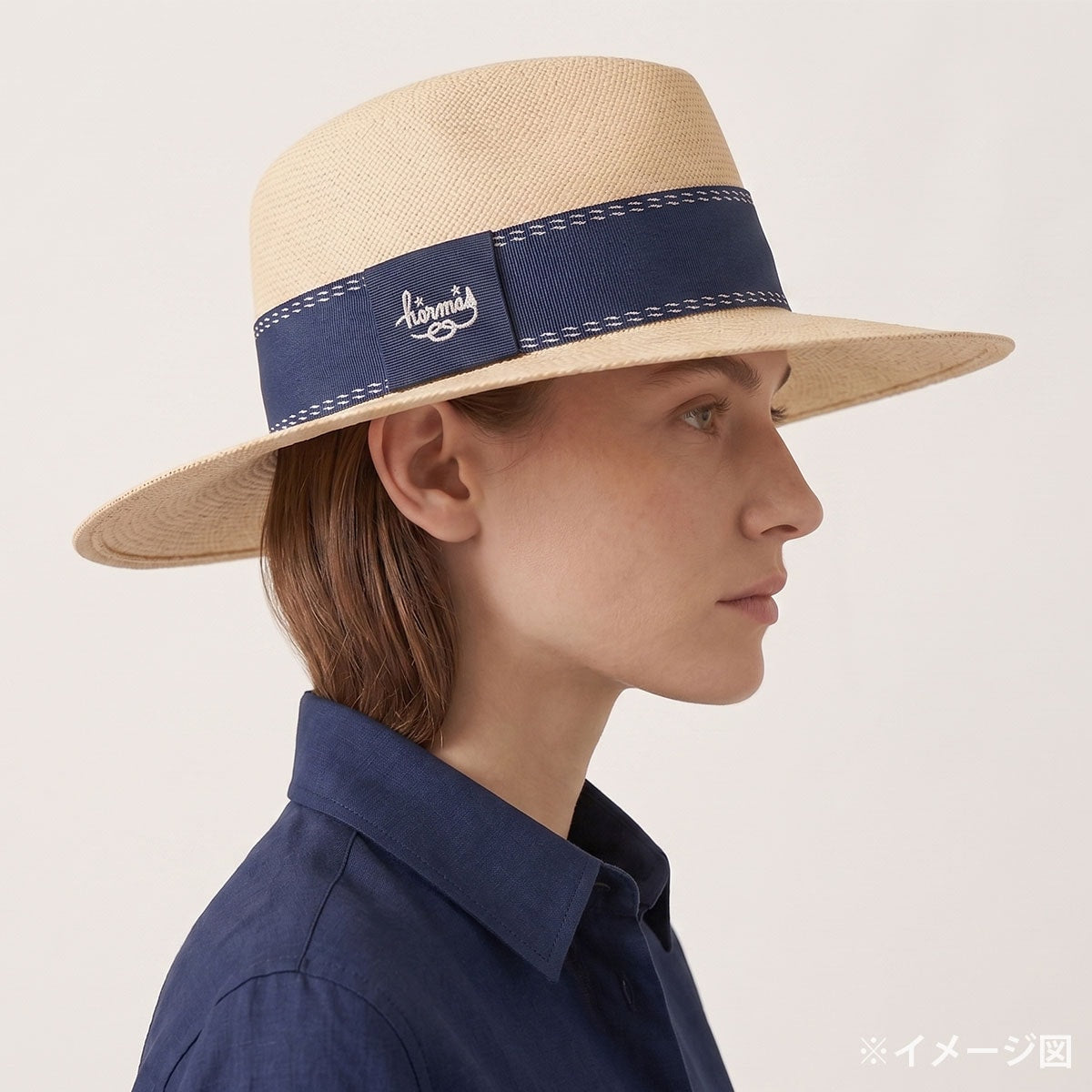 [Pre-loved] HERMES Straw Hat Trinidad Logo Embroidered Ribbon #58 Beige/Navy Straw/Cotton/Rayon/Polyester[LIKE NEW][Authentic]