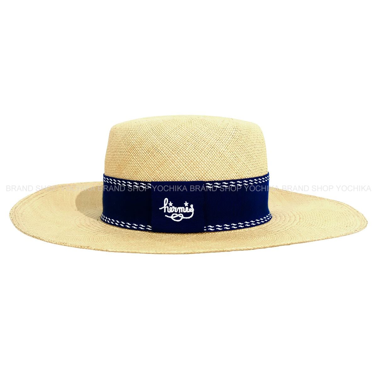 [Pre-loved] HERMES Straw Hat Trinidad Logo Embroidered Ribbon #58 Beige/Navy Straw/Cotton/Rayon/Polyester[LIKE NEW][Authentic]
