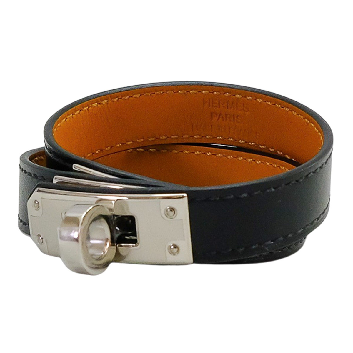 HERMES bracelet Kelly Double Tour #T2 Noir (Black) Box Calf Silver HW Stamp B[EXCELLENT][Authentic]
