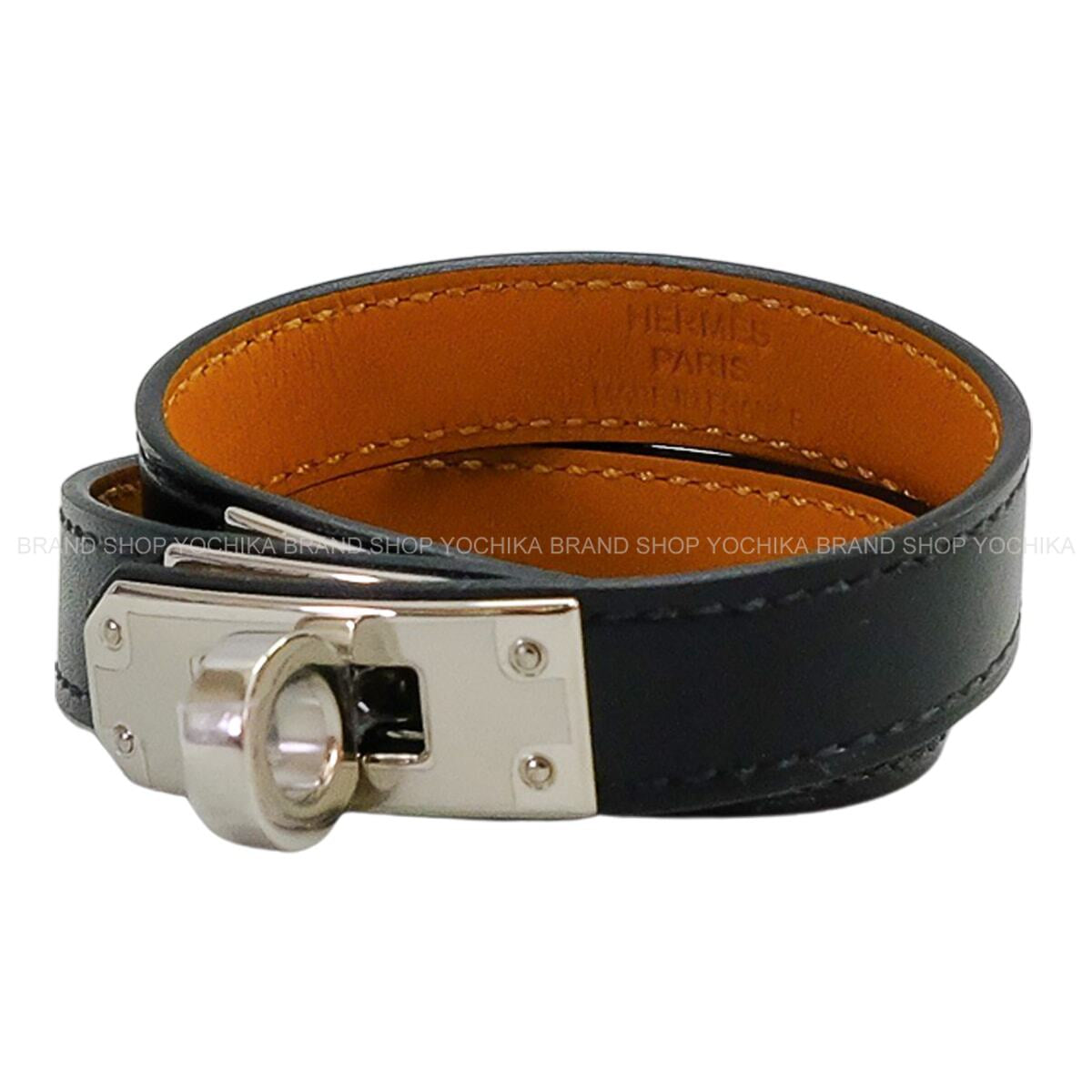 HERMES bracelet Kelly Double Tour #T2 Noir (Black) Box Calf Silver HW Stamp B[EXCELLENT][Authentic]