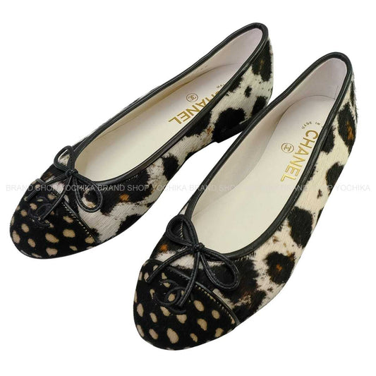2026SS CHANEL ballet shoes(flat shoes) Ballerina Flats Bambi Animal Print COCO Mark Noir (Black)/Blanc (White) Unborn Calf/Lambskin #37.5C G47280[EXCELLENT][Authentic]