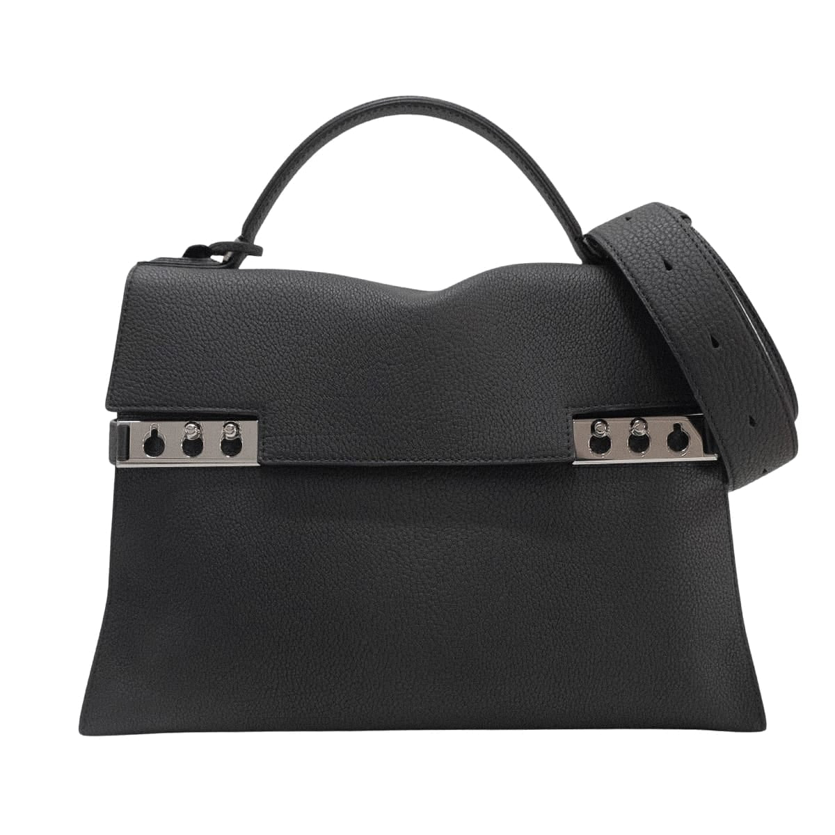 Delvaux Handbag Tempete L Noir (Black) Derby Grain Calf Leather Silver HW AA0723BNV099ZPA[EXCELLENT][Authentic]