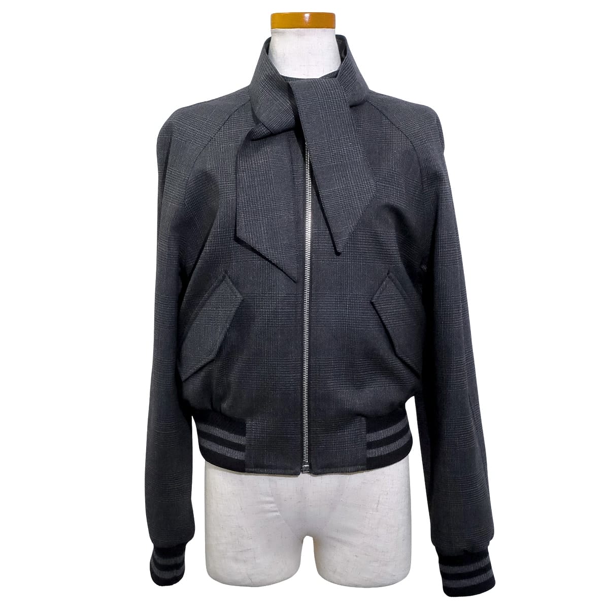 [Pre-loved] 2024SS Dior Blouson Prince of Wales Bow Tie Grey Virgin Wool/Cashmere/Viscose/Cotton #36 Silver HW 627C52A1789[LIKE NEW][Authentic]