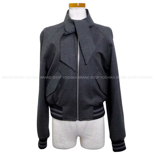 [Pre-loved] 2024SS Dior Blouson Prince of Wales Bow Tie Grey Virgin Wool/Cashmere/Viscose/Cotton #36 Silver HW 627C52A1789[LIKE NEW][Authentic]
