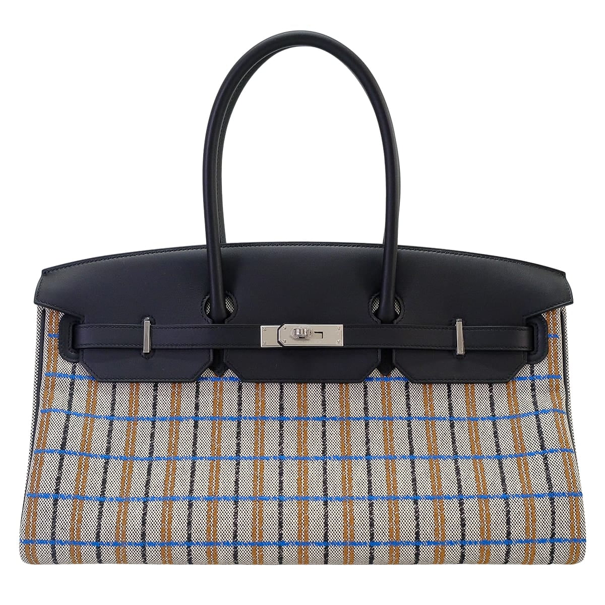 HERMES Shoulder bag Shoulder Birkin Light 39 Couverture Noir (Black)/Ecru/Bleu Zanzibar Veau Swift/Toile H Silver HW Stamp G[EXCELLENT][Authentic]