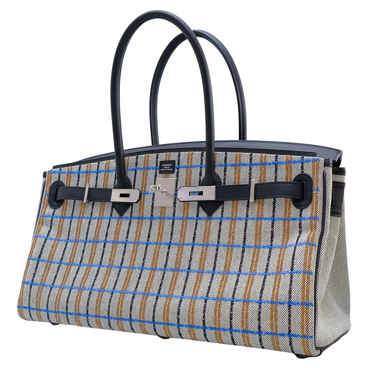 HERMES Shoulder bag Shoulder Birkin Light 39 Couverture Noir (Black)/Ecru/Bleu Zanzibar Veau Swift/Toile H Silver HW Stamp G[EXCELLENT][Authentic]