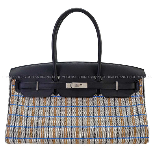 HERMES Shoulder bag Shoulder Birkin Light 39 Couverture Noir (Black)/Ecru/Bleu Zanzibar Veau Swift/Toile H Silver HW Stamp G[EXCELLENT][Authentic]