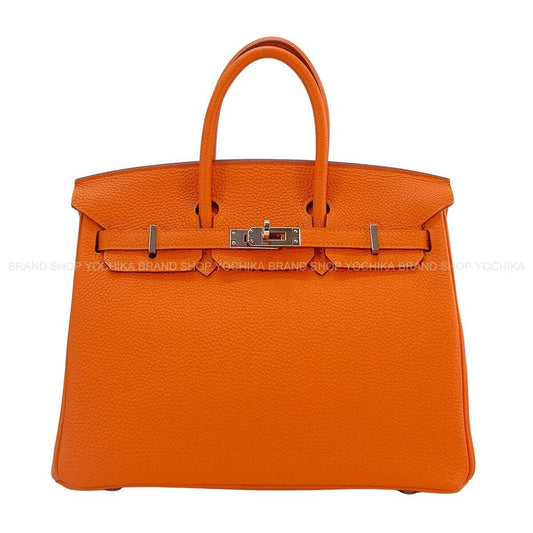 HERMES Handbag Birkin25 Orange Veau Togo Silver HW Stamp □R[EXCELLENT][Authentic]