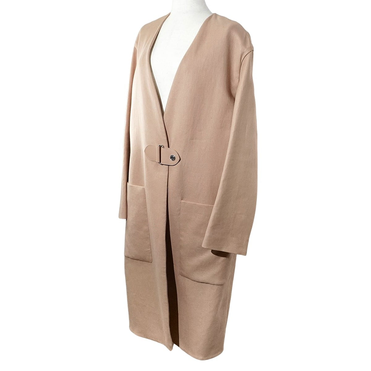 [Pre-loved] 2021SS HERMES Supple Coat Collarless Sellier Buttons Beige Linen/Silk/Cow Leather #40 Silver HW 16-7106[USED SA][Authentic]