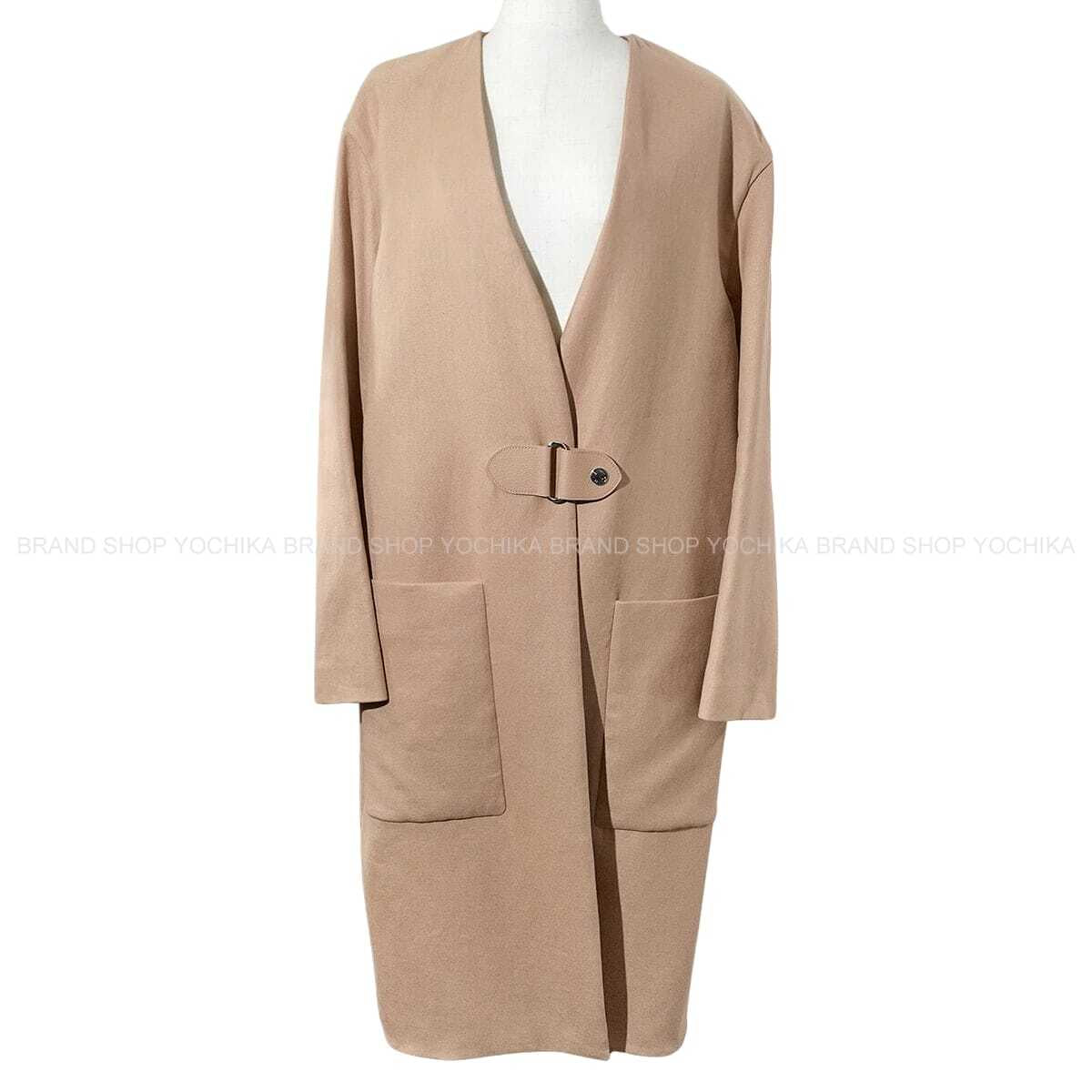 [Pre-loved] 2021SS HERMES Supple Coat Collarless Sellier Buttons Beige Linen/Silk/Cow Leather #40 Silver HW 16-7106[USED SA][Authentic]