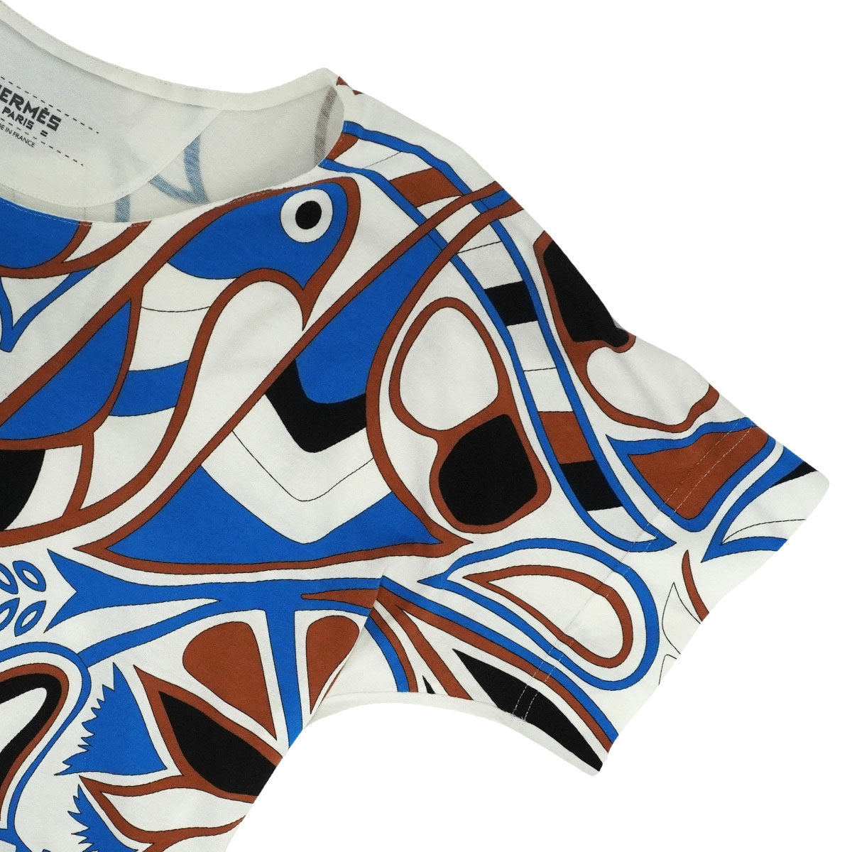2021SS HERMES Short sleeve t shirt Women's "Bride de Cour" Blanc (White)/Blue/Brown Cotton #36 420626DJ[EXCELLENT][Authentic]