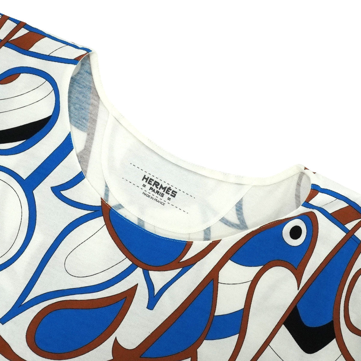 2021SS HERMES Short sleeve t shirt Women's "Bride de Cour" Blanc (White)/Blue/Brown Cotton #36 420626DJ[EXCELLENT][Authentic]