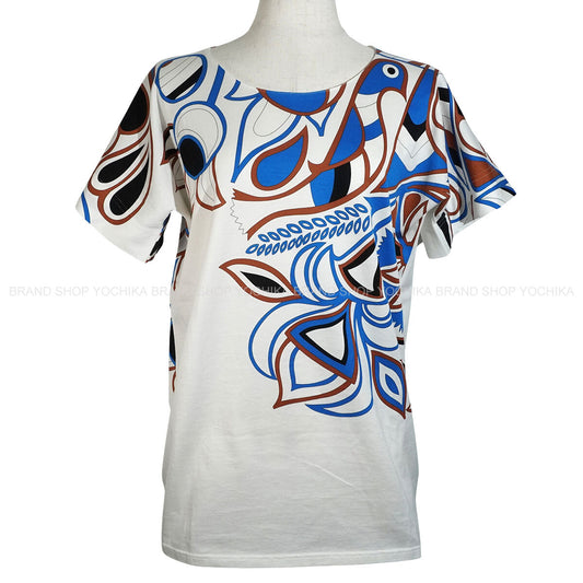 2021SS HERMES Short sleeve t shirt Women's "Bride de Cour" Blanc (White)/Blue/Brown Cotton #36 420626DJ[EXCELLENT][Authentic]