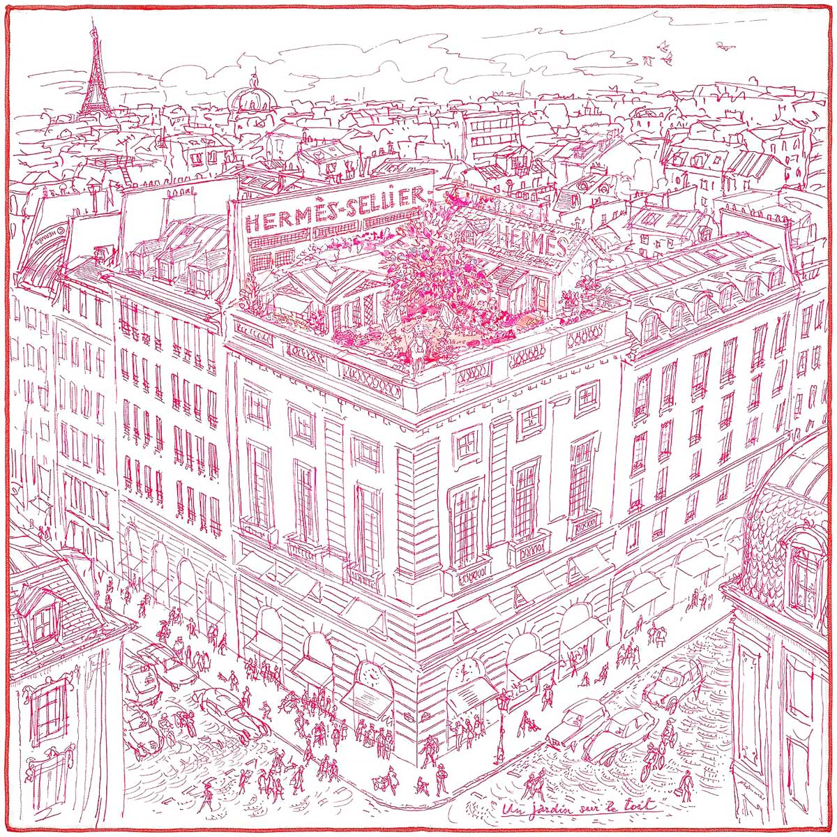 2011 HERMES scarf Carre 45 Gavroche "Un Jardin sur le Toit" Pink/Blanc (White) Silk100%[EXCELLENT][Authentic]