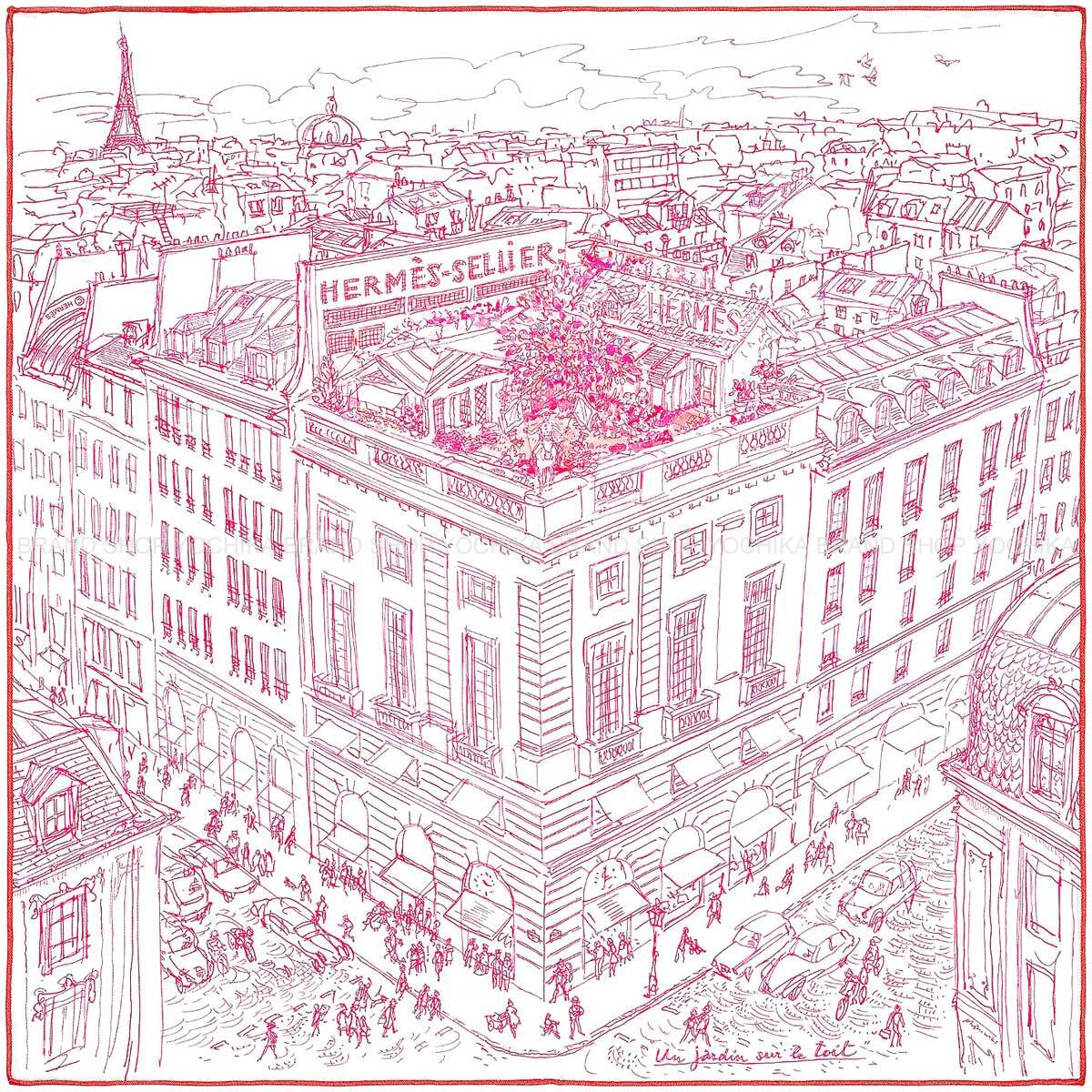 2011 HERMES scarf Carre 45 Gavroche "Un Jardin sur le Toit" Pink/Blanc (White) Silk100%[EXCELLENT][Authentic]