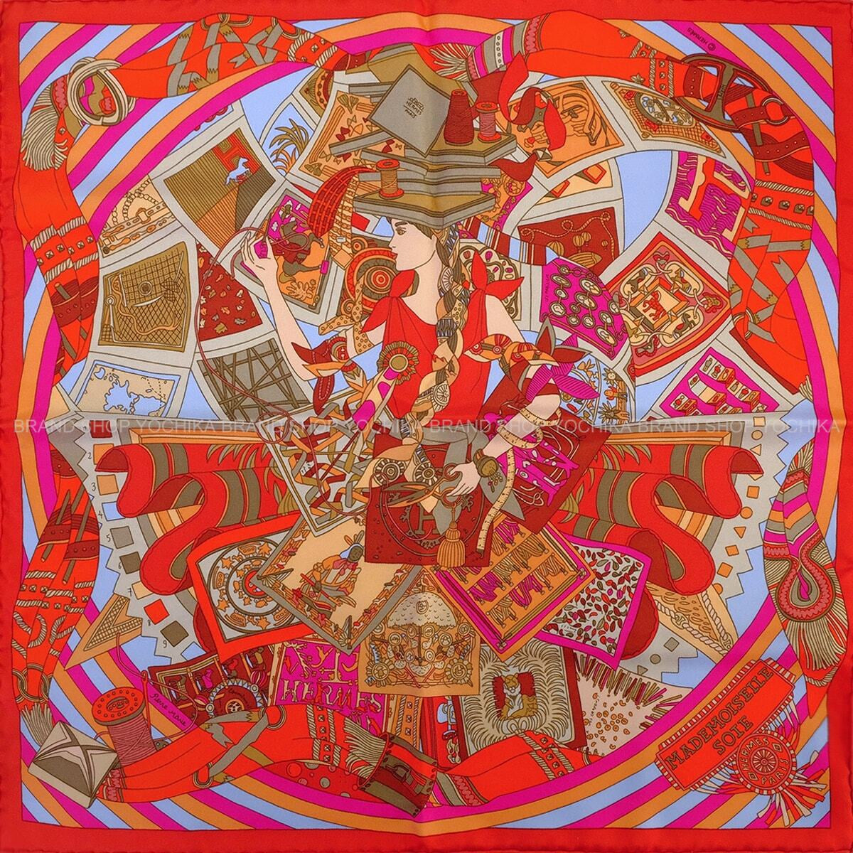 2017SS HERMES scarf Carre 45 Gavroche Mademoiselle SoieRouge/Brique/Ciel/Coral Silk100% H892651S 04[EXCELLENT][Authentic]