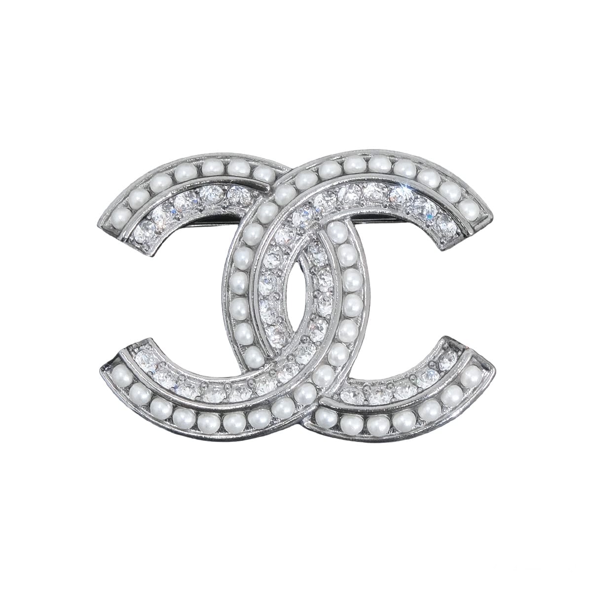 CHANEL broach Big COCO Mark Pearl & Rhinestones Silver Silver HW[EXCELLENT][Authentic]