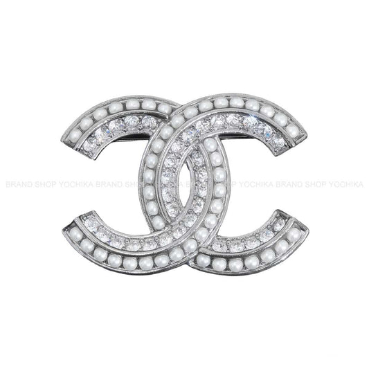 CHANEL broach Big COCO Mark Pearl & Rhinestones Silver Silver HW[EXCELLENT][Authentic]